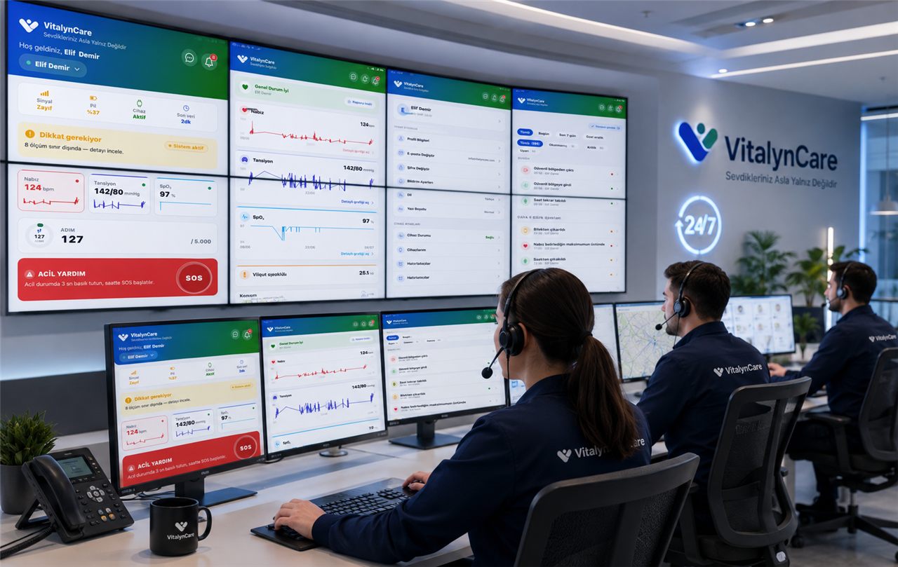 VitalynCare 7/24 Profesyonel İzleme Merkezi: operatörler ve canlı takip ekranları